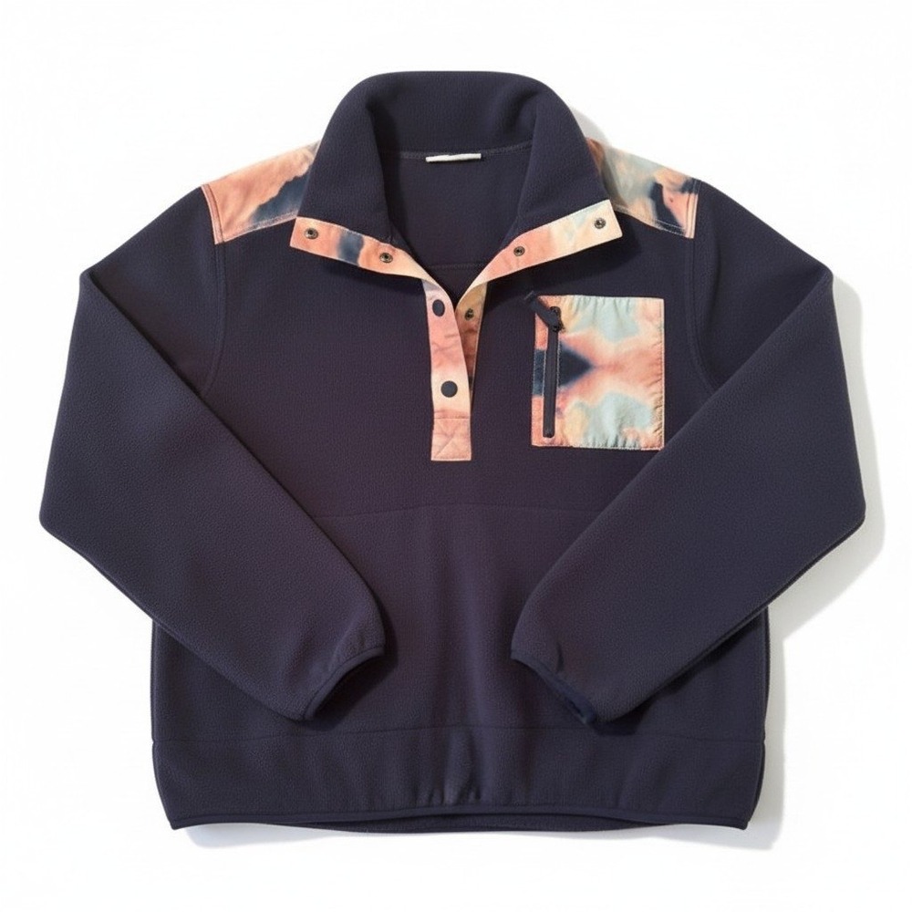 Jetty Fleece Pullover L Navy Blue Tie Dye Snap Mock Neck Gorpcore